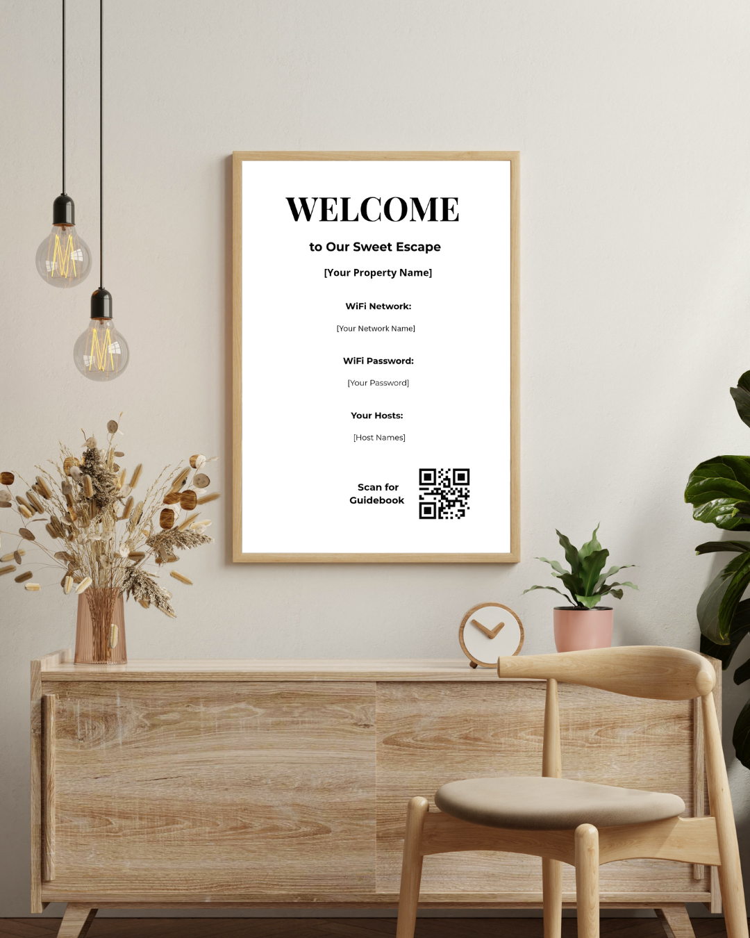 Airbnb Welcome Sign Template | WiFi & Guidebook QR Code | Editable Canva