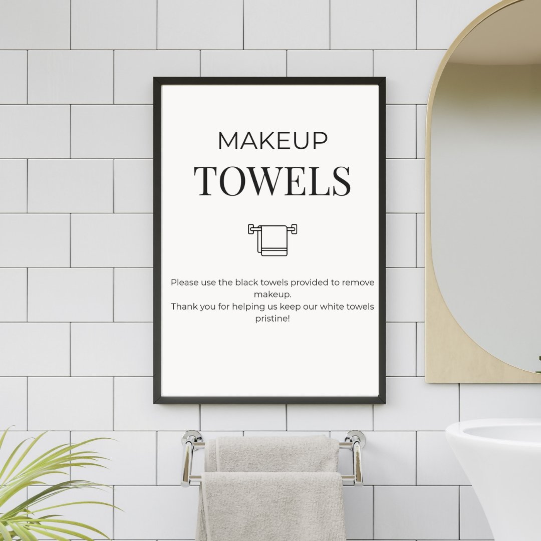 Minimalist Makeup Towel Sign for Airbnb, Washcloth Sign Printable, Black Towel Bathroom Decor, Short Term Rental Host Template